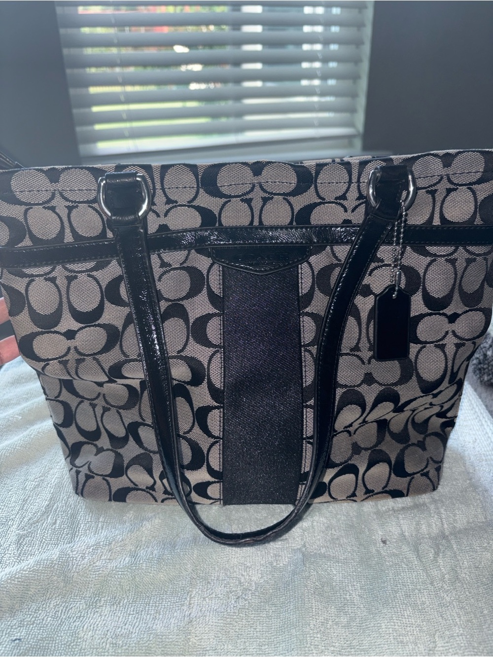 Coach Black/Tan Signature Canvas Tote with Patent Trim- vintage